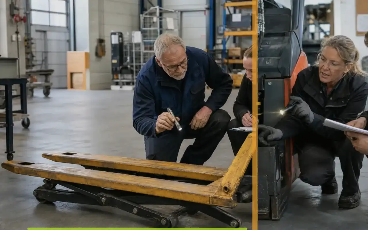 Scherenhubwagen mit Schnellhub für den Einzelhandel: redaktionelle Bildkomposition zur Arbeitssituation