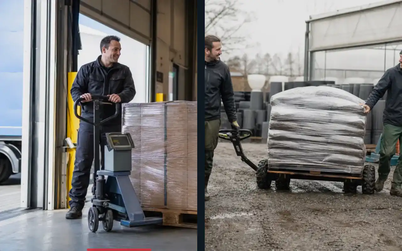 Scherenhubwagen mit Schnellhub für den Wareneingang: redaktionelle Bildkomposition zur Arbeitssituation