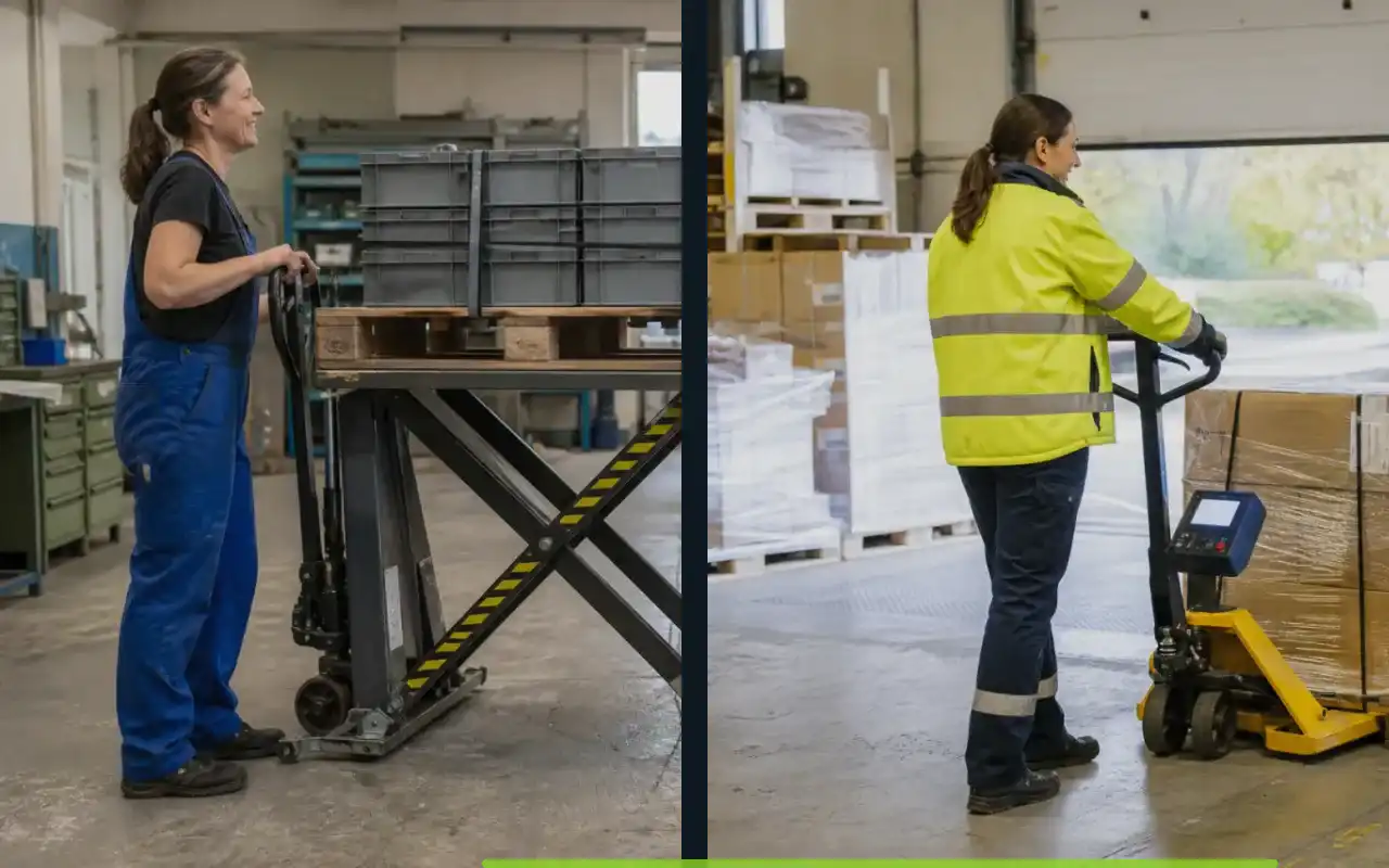 Schwerlasthubwagen mit 10.000 kg für die Industrie: redaktionelle Bildkomposition zur Arbeitssituation