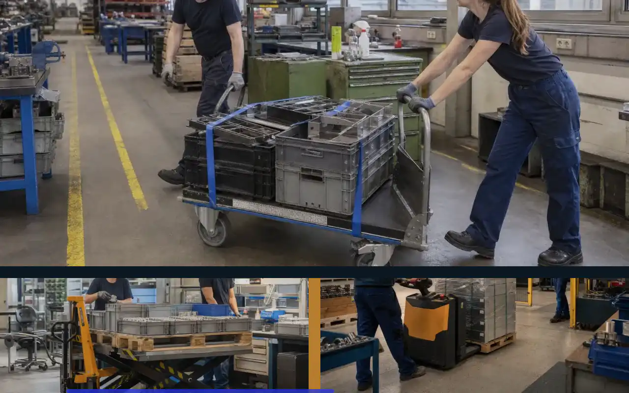 Schwerlasthubwagen mit 10.000 kg für die Produktion: redaktionelle Bildkomposition zur Arbeitssituation