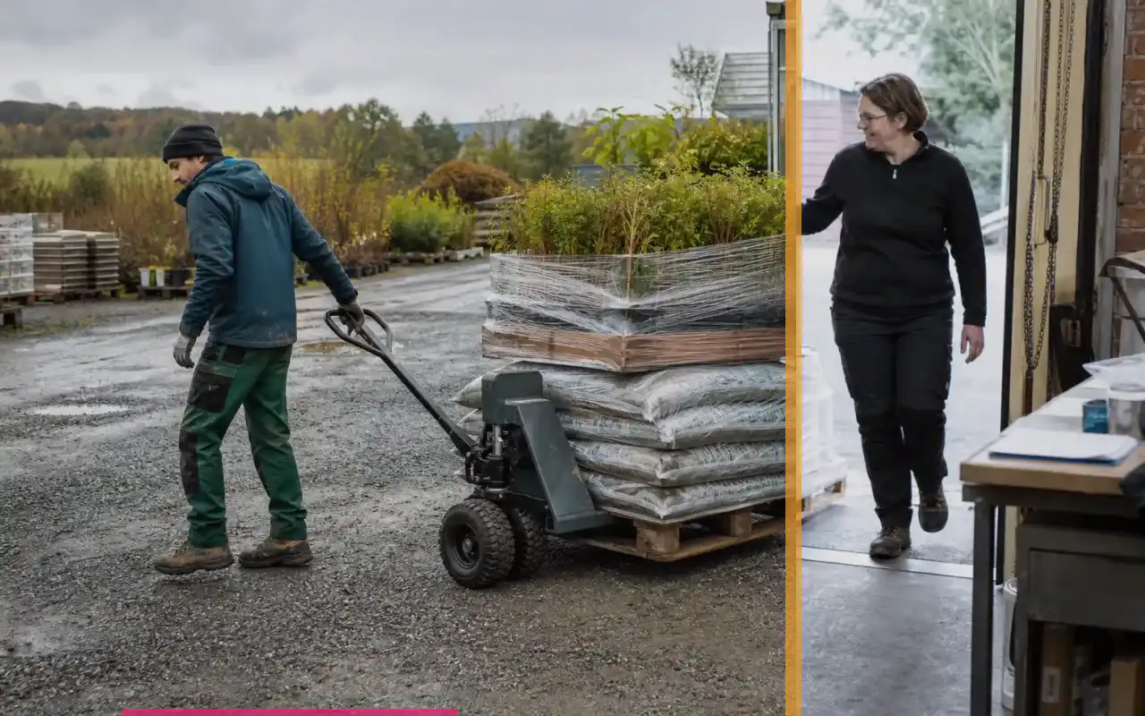 Schwerlasthubwagen mit 3.000 kg für die Produktion: redaktionelle Bildkomposition zur Arbeitssituation