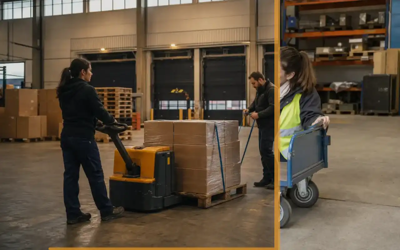 Schwerlasthubwagen mit 4.000 kg für die Industrie: redaktionelle Bildkomposition zur Arbeitssituation