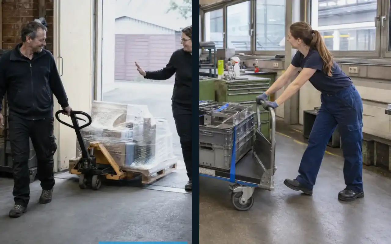 Schwerlasthubwagen mit 5.000 kg für die Industrie: redaktionelle Bildkomposition zur Arbeitssituation