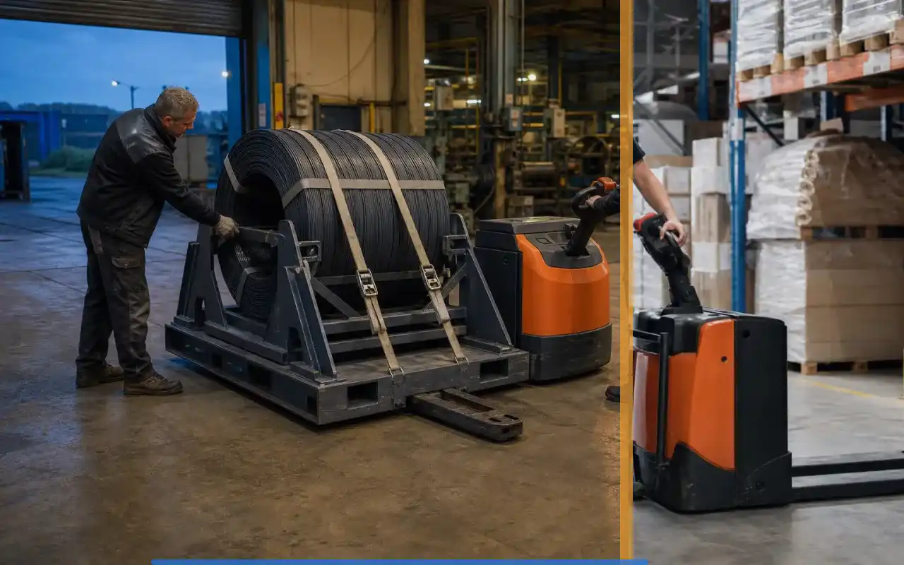 Schwerlasthubwagen mit 5.000 kg für die Produktion: redaktionelle Bildkomposition zur Arbeitssituation