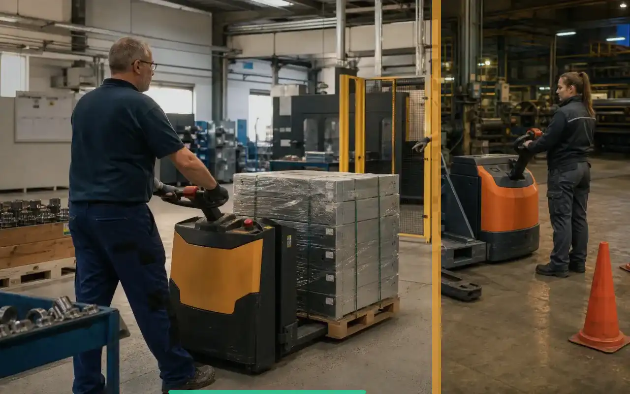 Schwerlasthubwagen mit langen Gabeln für die Produktion: redaktionelle Bildkomposition zur Arbeitssituation
