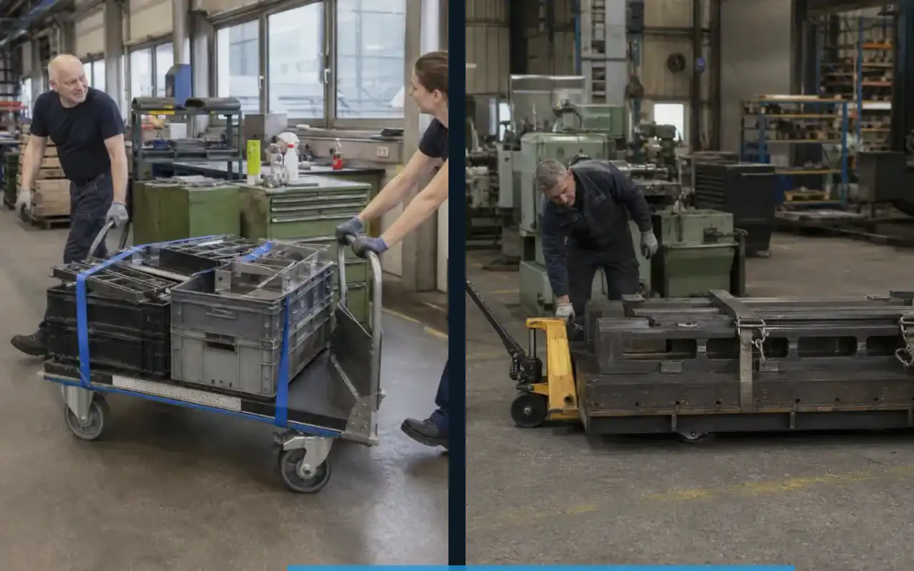 Wiegehubwagen mit 1.000 kg für den Großhandel: redaktionelle Bildkomposition zur Arbeitssituation