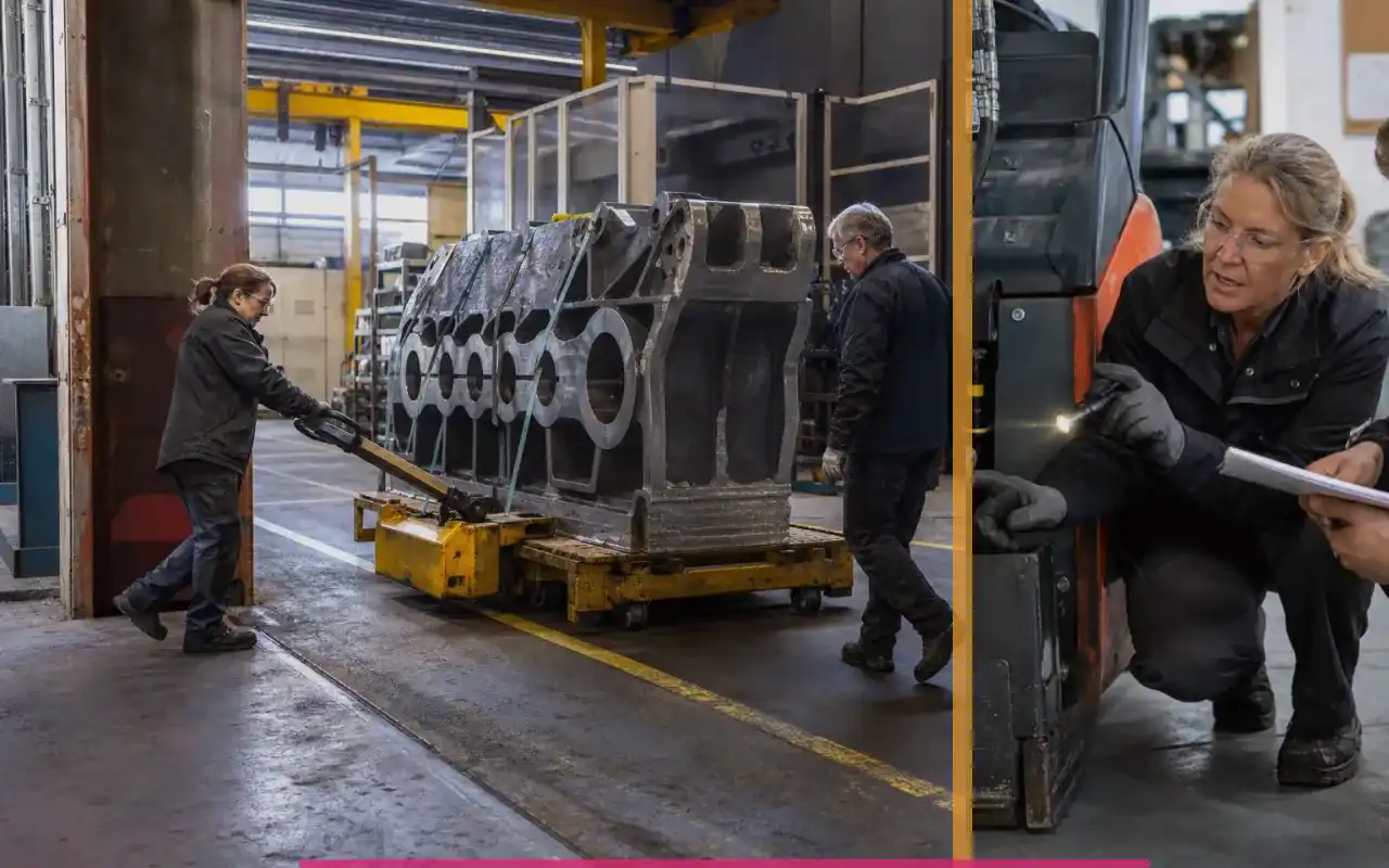 Wiegehubwagen mit 1.000 kg für die Produktion: redaktionelle Bildkomposition zur Arbeitssituation