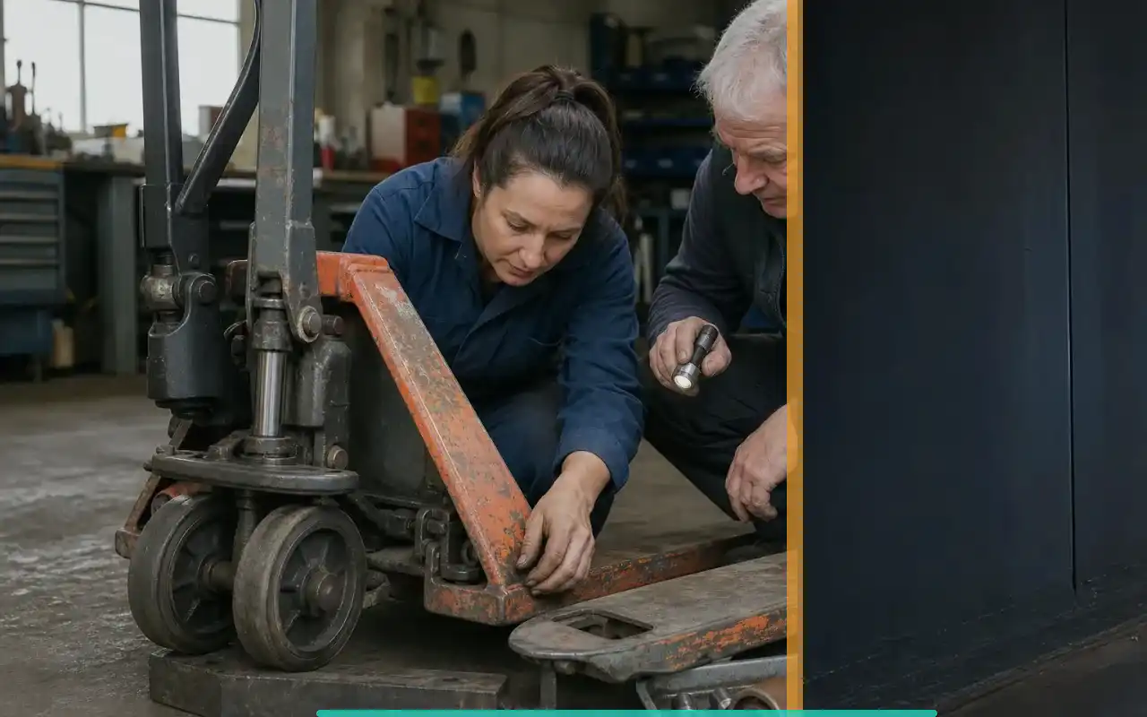 Wiegehubwagen mit 1.000 kg für die Spedition: redaktionelle Bildkomposition zur Arbeitssituation
