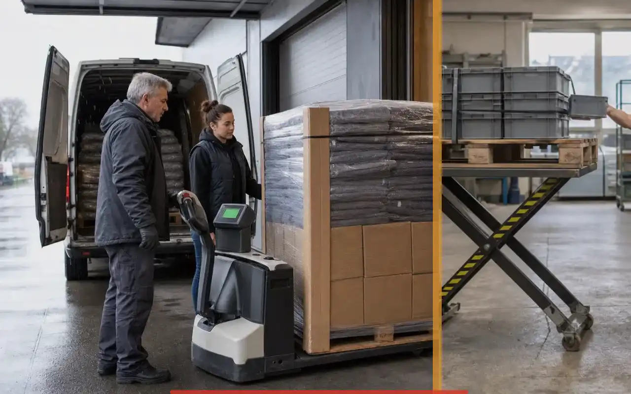 Wiegehubwagen mit 1.500 kg für den Großhandel: redaktionelle Bildkomposition zur Arbeitssituation