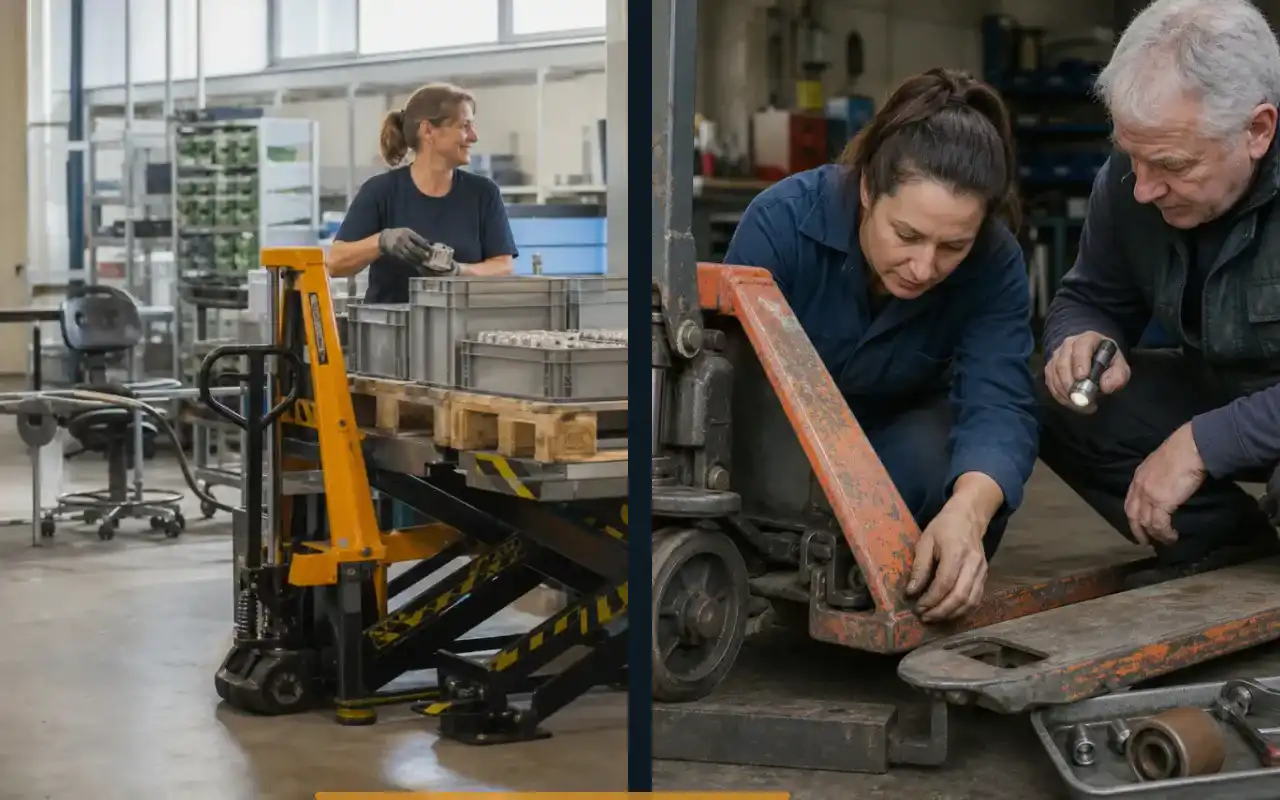 Wiegehubwagen mit 2.000 kg für den Großhandel: redaktionelle Bildkomposition zur Arbeitssituation