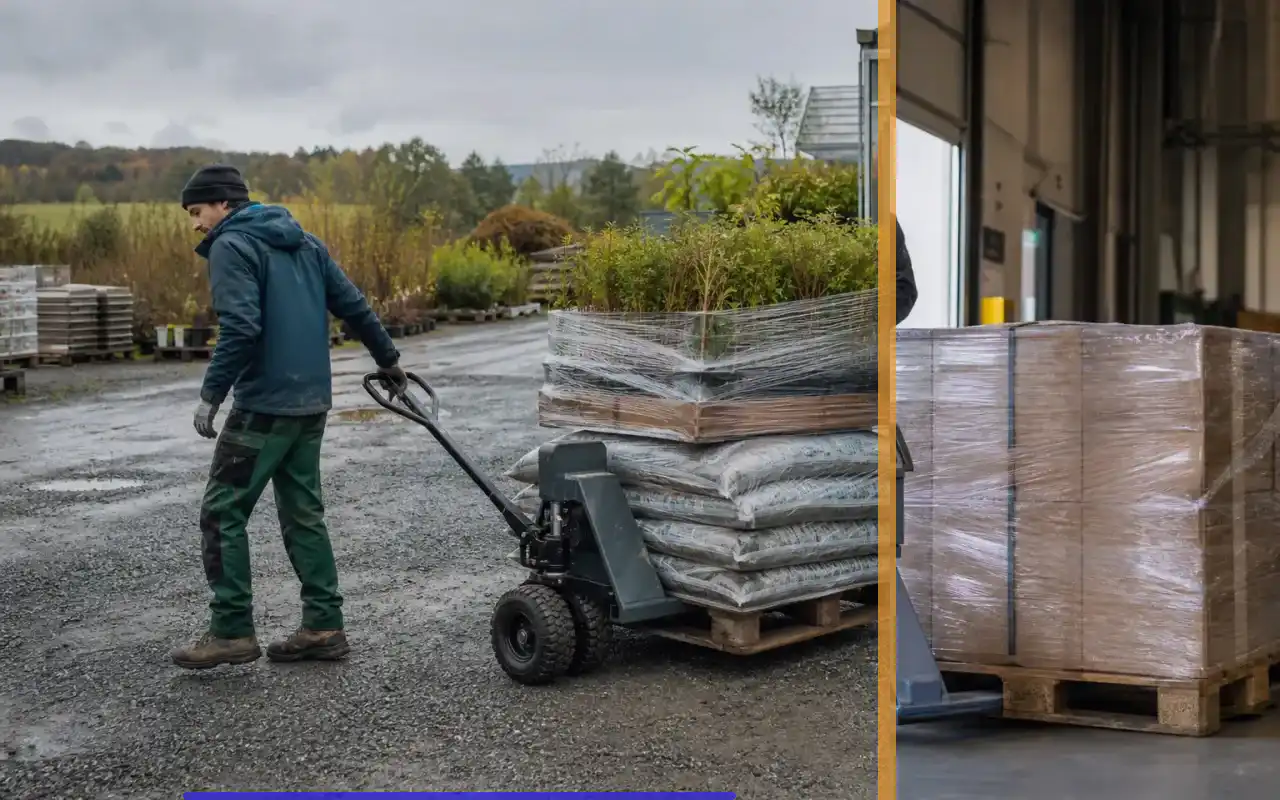 Wiegehubwagen mit 2.000 kg für die Logistik: redaktionelle Bildkomposition zur Arbeitssituation