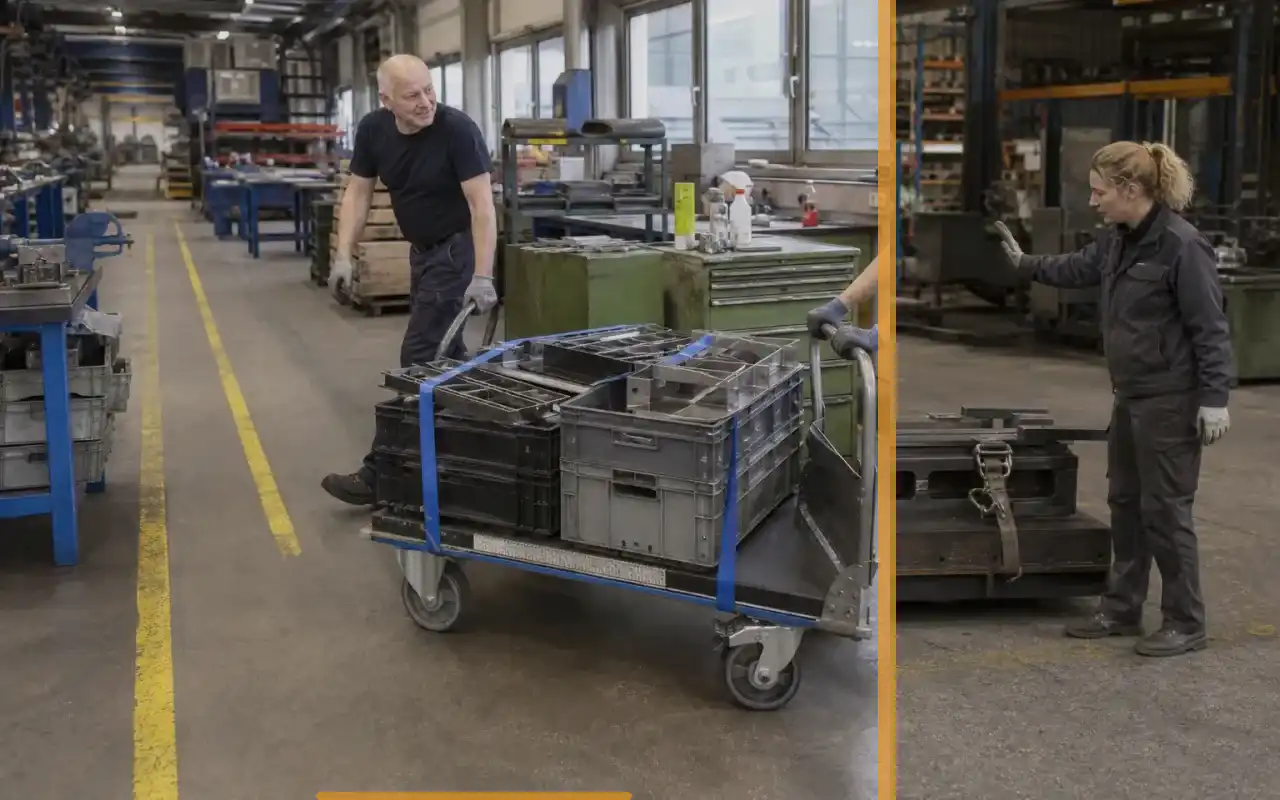 Wiegehubwagen mit 2.000 kg für die Spedition: redaktionelle Bildkomposition zur Arbeitssituation