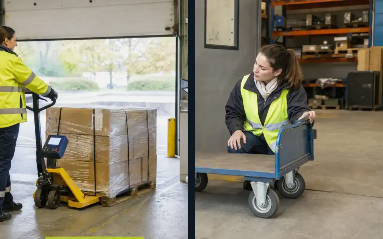 Wiegehubwagen mit 2.000 kg: Traglast passend auslegen: redaktionelle Bildkomposition zur Arbeitssituation