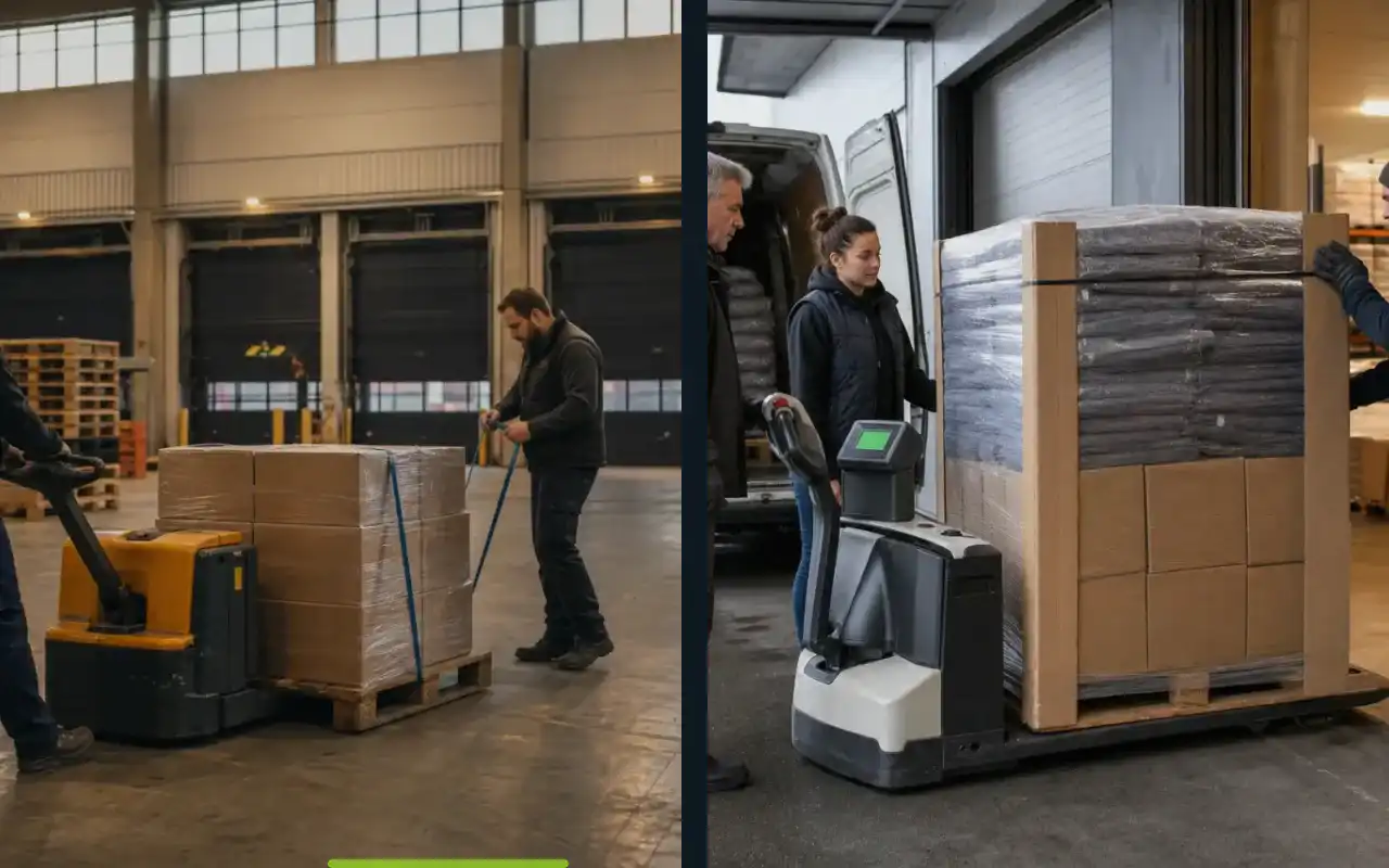Wiegehubwagen mit 2.500 kg für die Logistik: redaktionelle Bildkomposition zur Arbeitssituation