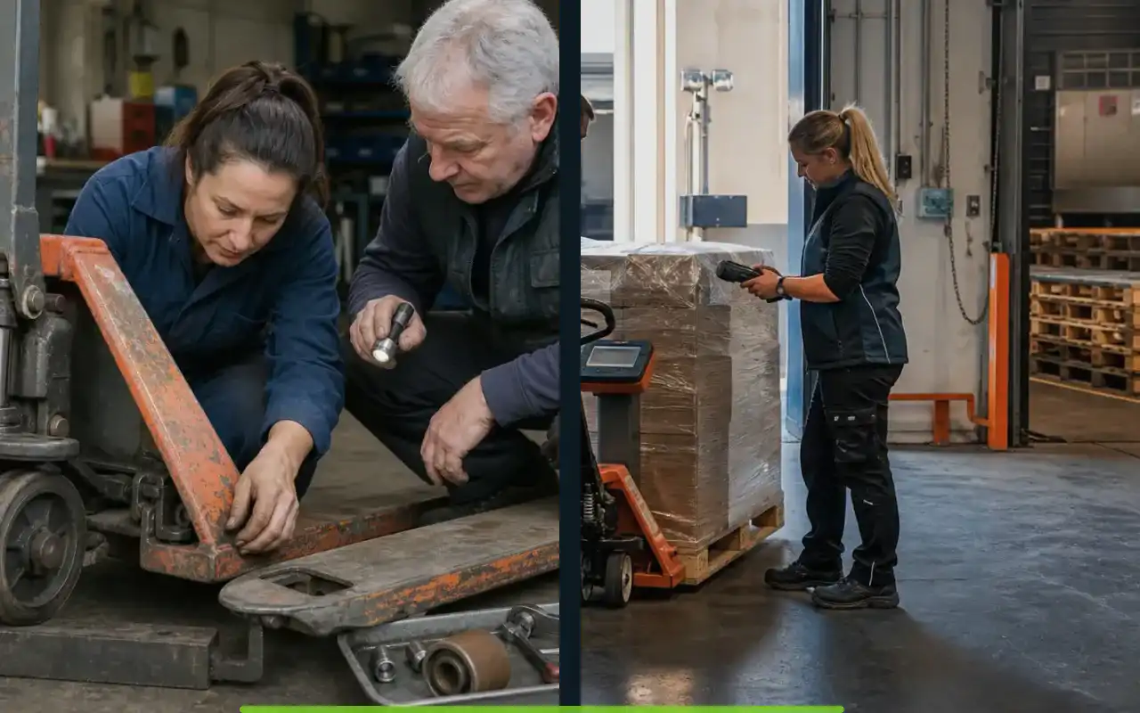 Wiegehubwagen mit 2.500 kg für die Produktion: redaktionelle Bildkomposition zur Arbeitssituation