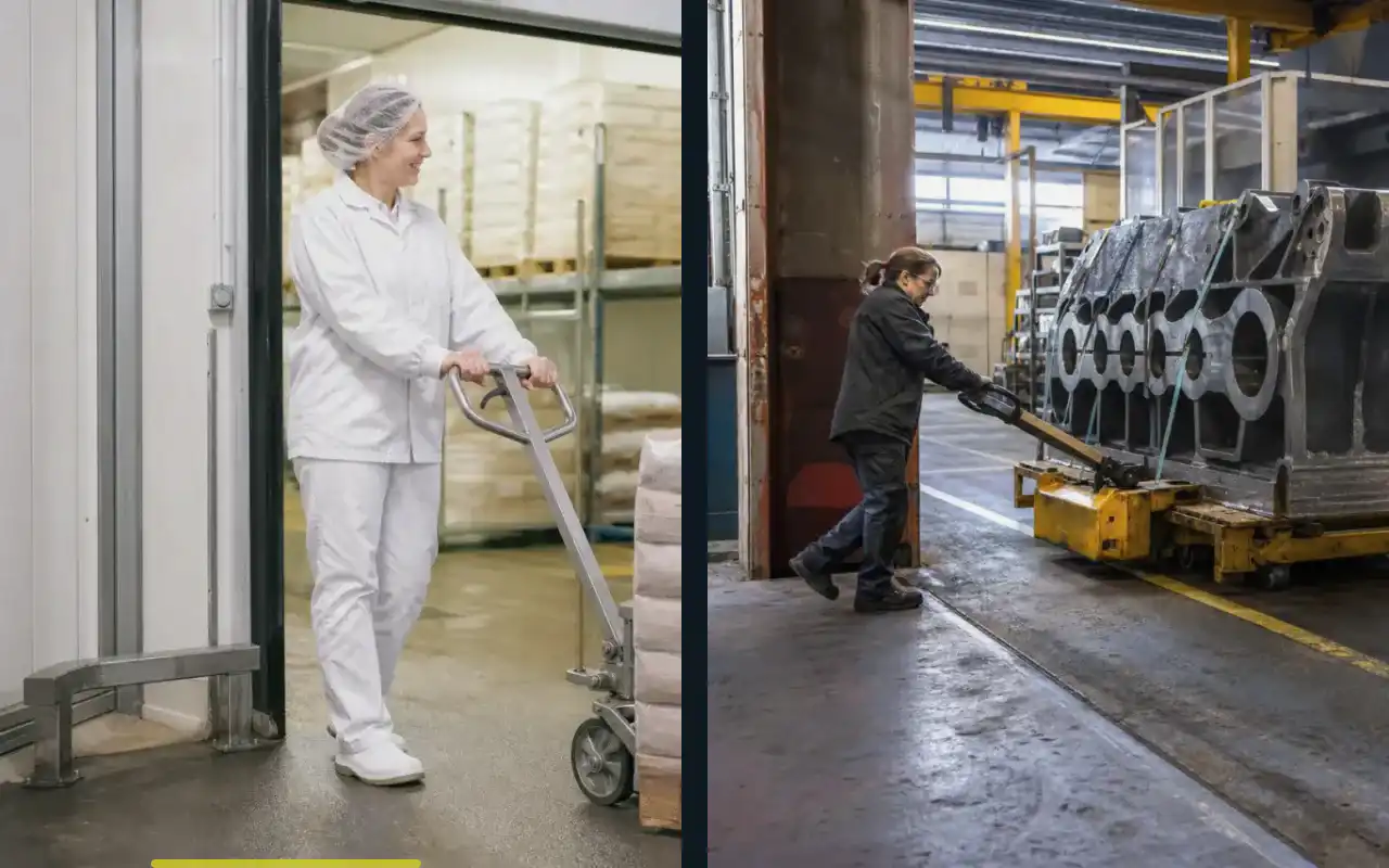 Wiegehubwagen für die Logistik: passend zum Prozess: redaktionelle Bildkomposition zur Arbeitssituation