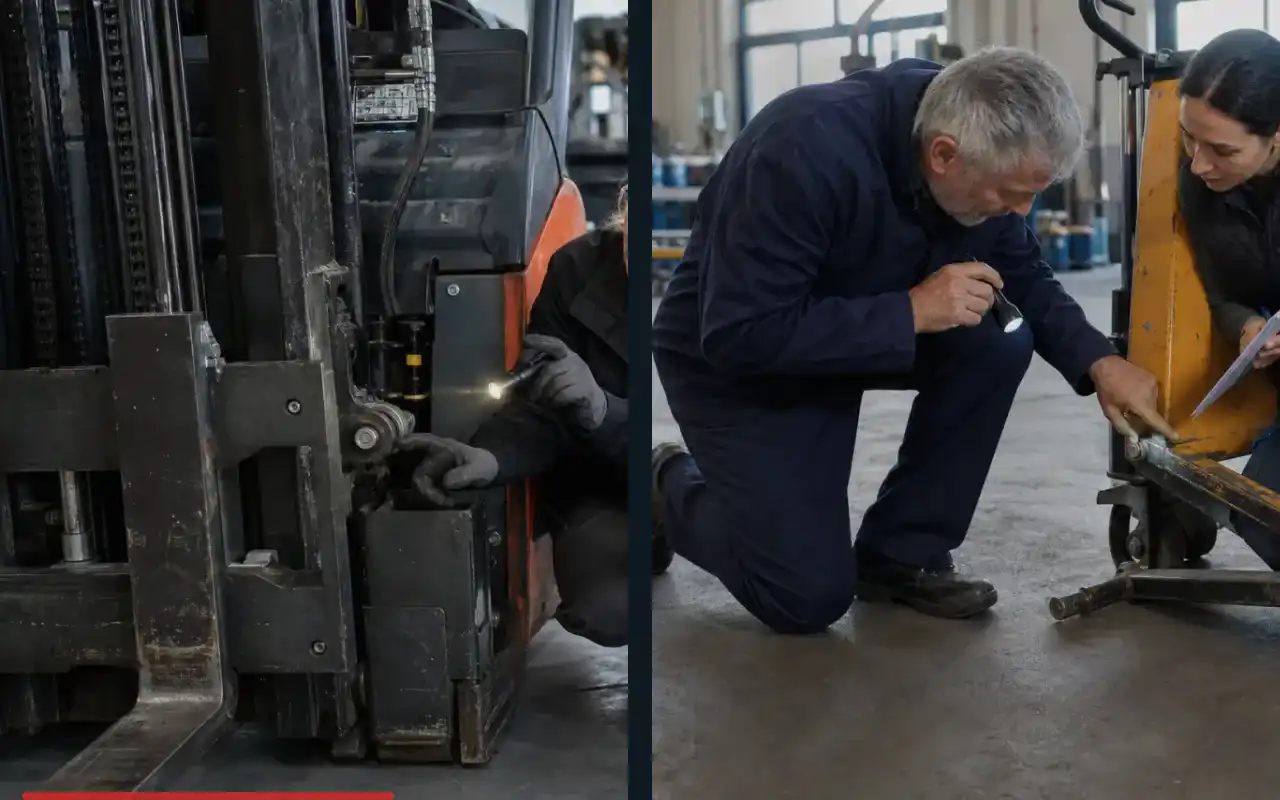 Wiegehubwagen gebraucht kaufen: Zustand richtig bewerten: redaktionelle Bildkomposition zur Arbeitssituation