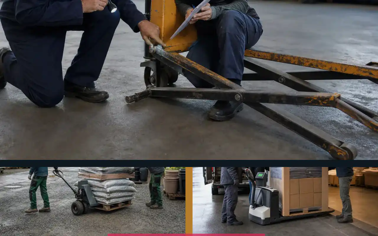 Wiegehubwagen geeicht für die Logistik: redaktionelle Bildkomposition zur Arbeitssituation