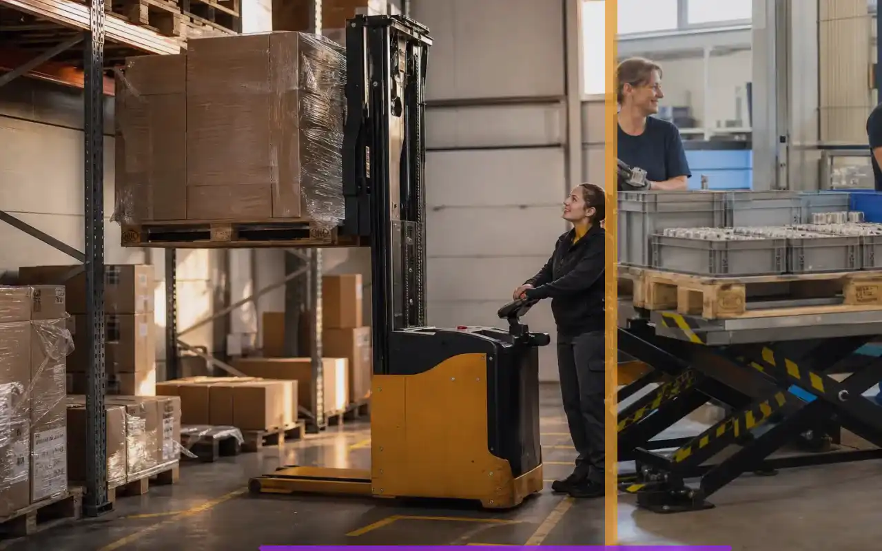 Wiegehubwagen geeicht für die Produktion: redaktionelle Bildkomposition zur Arbeitssituation