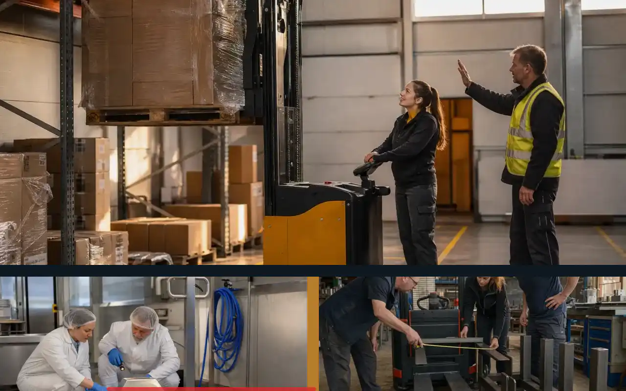 Wiegehubwagen mit Datenschnittstelle für den Großhandel: redaktionelle Bildkomposition zur Arbeitssituation