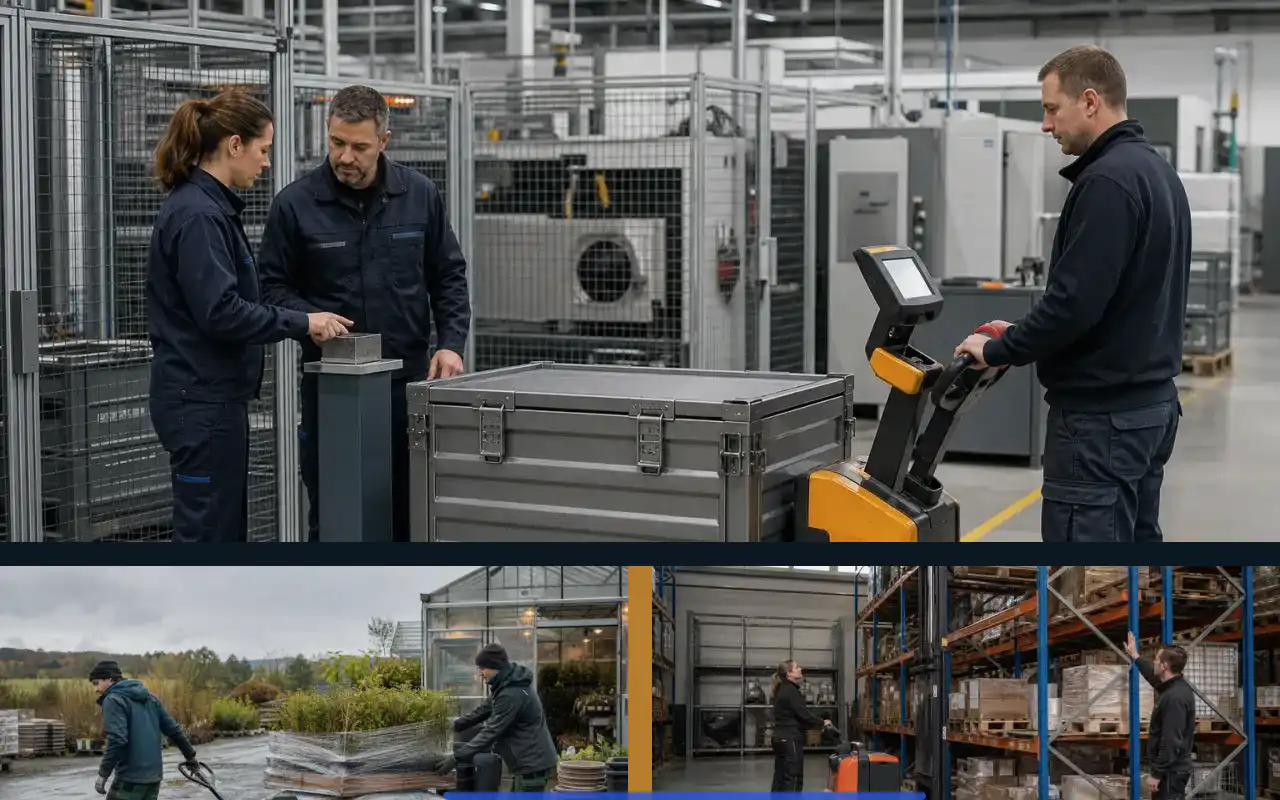 Wiegehubwagen mit Datenschnittstelle für die Produktion: redaktionelle Bildkomposition zur Arbeitssituation