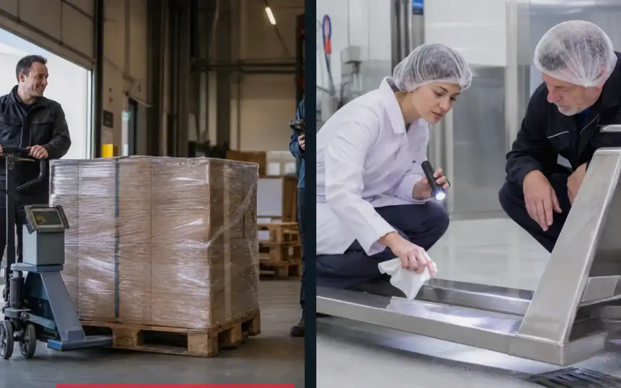 Wiegehubwagen mit Drucker für die Produktion: redaktionelle Bildkomposition zur Arbeitssituation