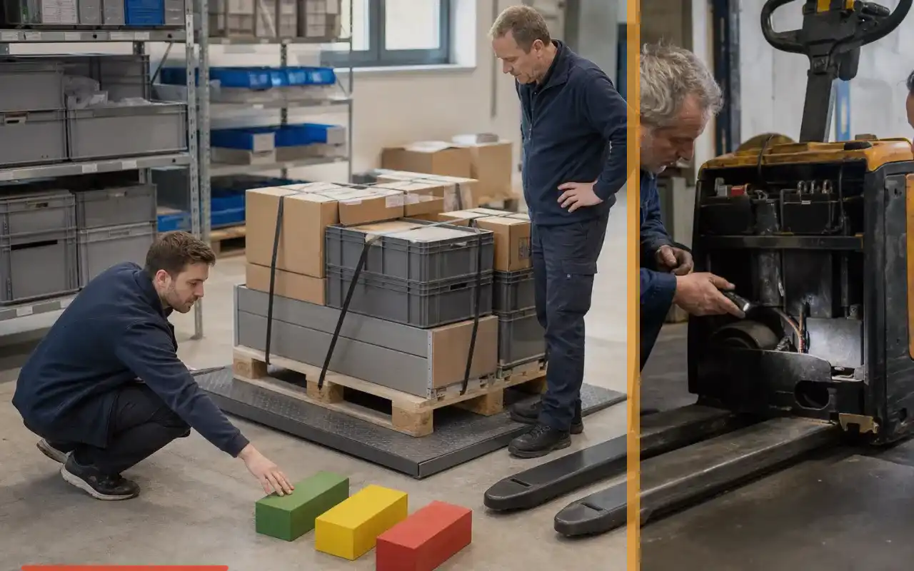 Wiegehubwagen-Preise: Kosten realistisch planen: redaktionelle Bildkomposition zur Arbeitssituation
