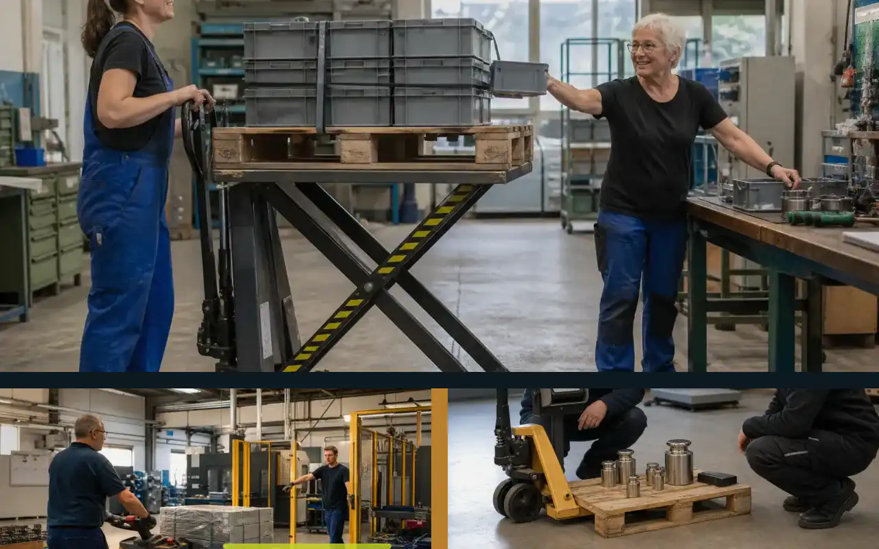 Wiegehubwagen-Reparatur wirtschaftlich einordnen: redaktionelle Bildkomposition zur Arbeitssituation